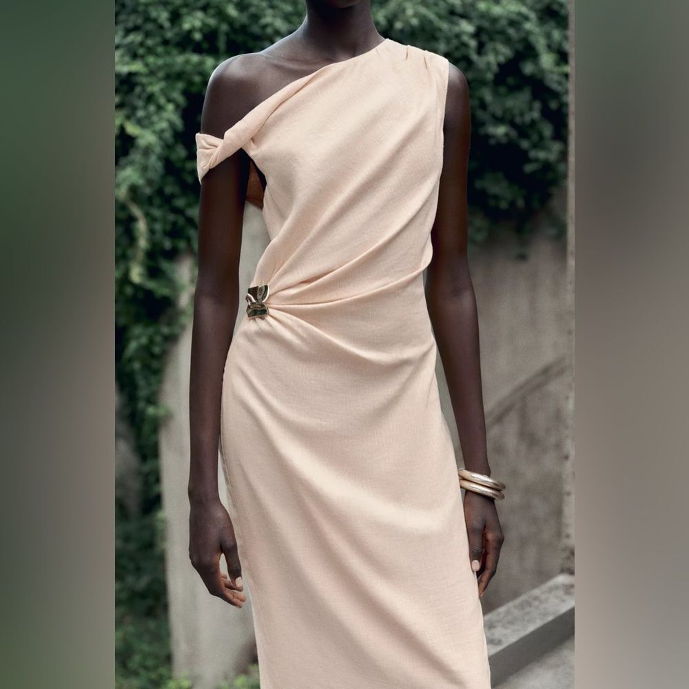 ZARA ASYMMETRIC LINEN-BLEND MIDI DRESS WITH APPLIQUÉ - Picture 4 of 10